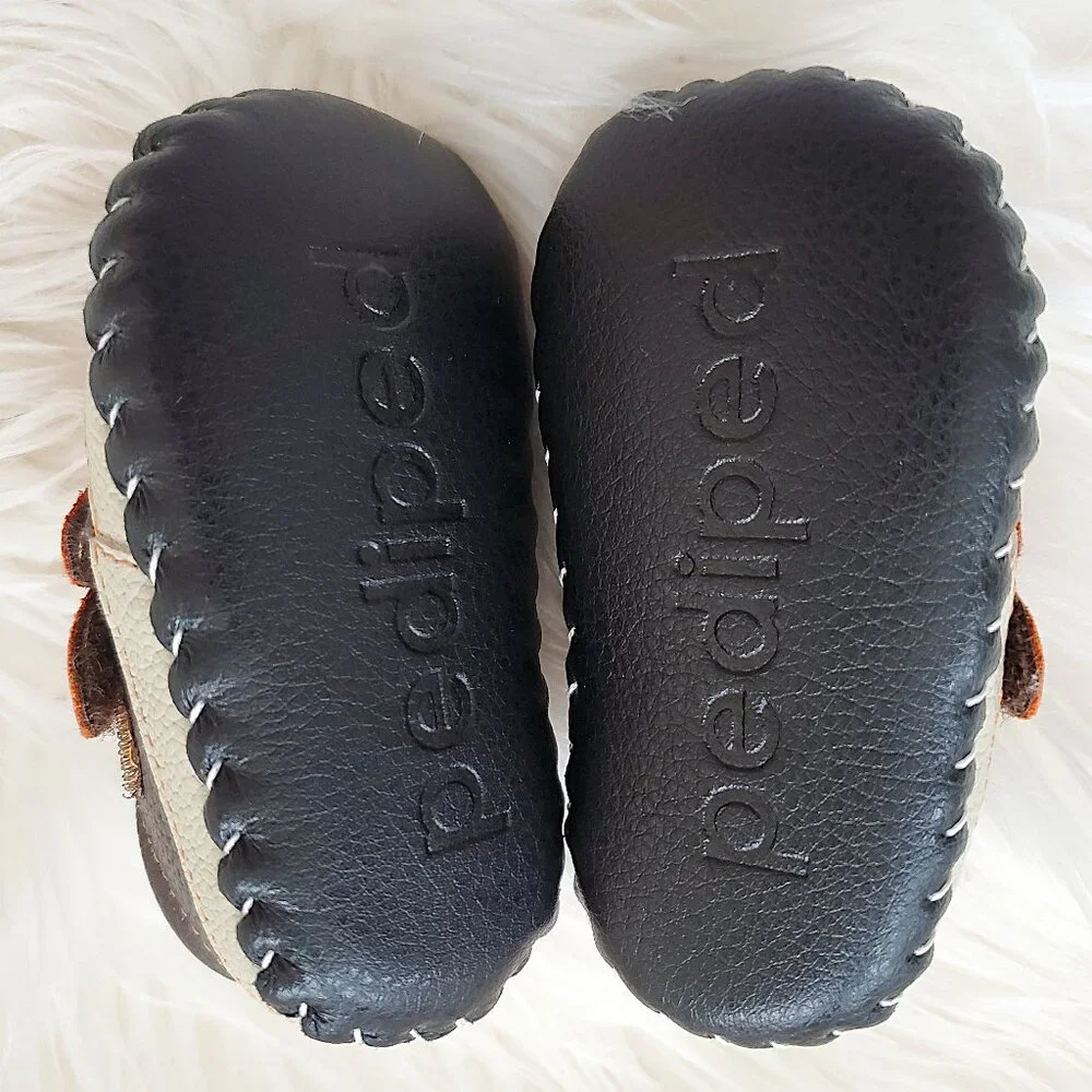Pediped Brown Leather Soft Sole Velcro Handcrafted Shoes SZ 0-6M